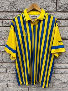 Vintage Admiral Soccer Men’s Yellow & Blue Striped Polo Shirt